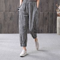 2021夏季新品显瘦棉麻格子休闲裤女宽松高腰哈伦裤文艺百搭九分裤 黑白格 M