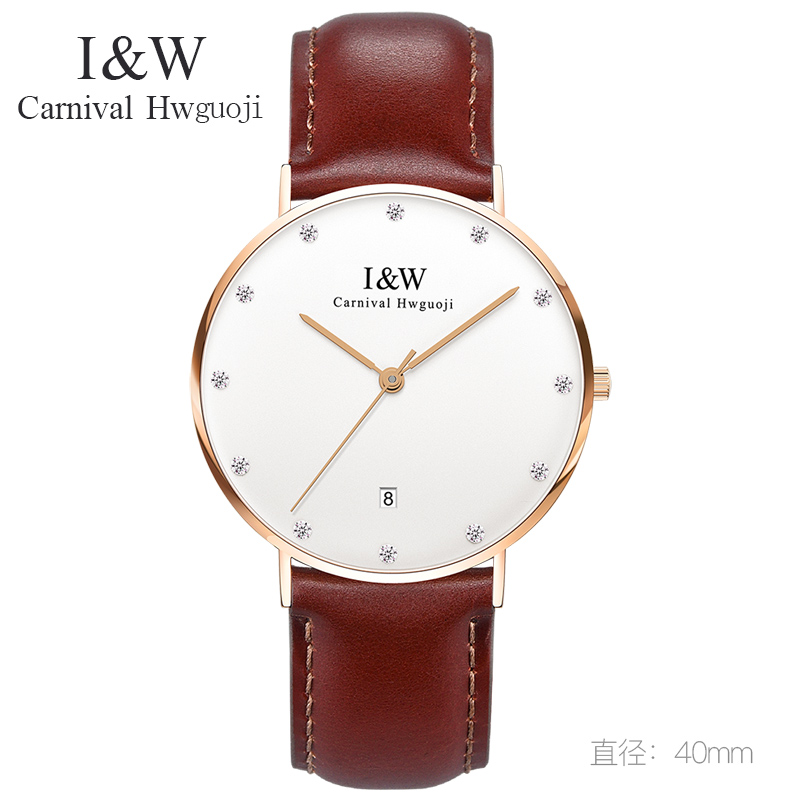 嘉年华CARNIVAL石英表 女表休闲时尚手表纤薄女士手表镶钻刻度防水表手表皮革女大表盘I&W 8757G-3钻皮带高清大图