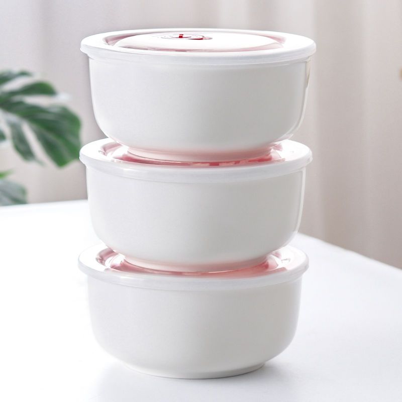 陶瓷保鲜碗三件套微波炉饭盒带盖冰箱便当密封餐具宿舍大号泡面碗 三