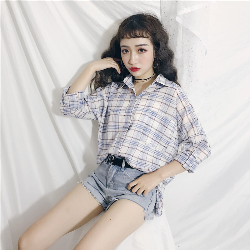 衬衫女秋季新款韩版女装宽松中长款防晒外套休闲薄款长袖格子衬衣