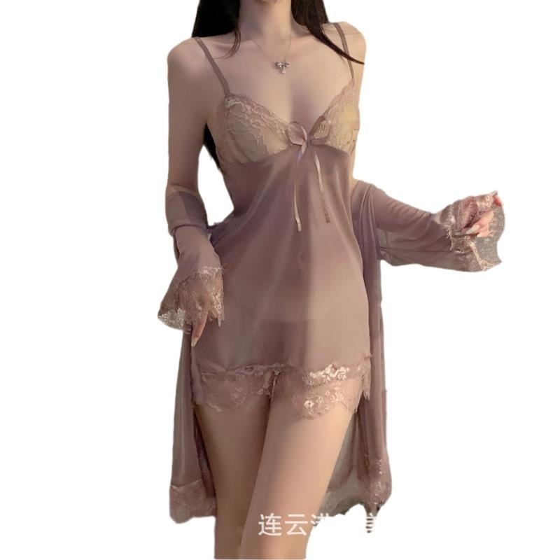 夜酥情趣内衣胸垫性感甜美风网纱露背蕾丝深V诱惑睡裙外袍家居套高清大图