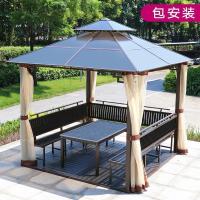 室外铁艺亭子四角亭户外凉亭小木屋庭院花园农家乐农庄帐篷遮阳棚_515 三面座板+塑木桌+地板【含双帘-包安装