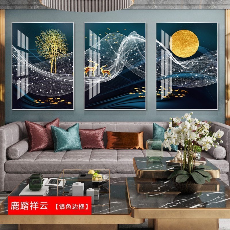 客厅装饰画沙发背景墙挂画北欧壁画三联组合轻奢麋鹿晶瓷餐厅墙画 鹿踏祥云（银色边框） 60*80cm三联套装（建议_797