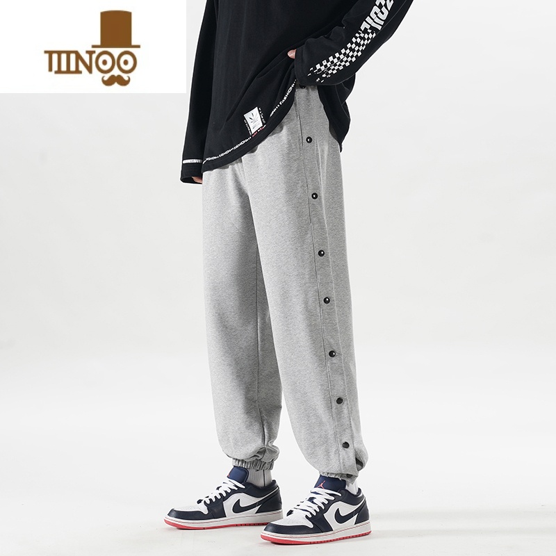 YANXU裤子男夏薄款灰色长裤男美式篮球全开排扣裤休闲九分运动卫裤高清大图