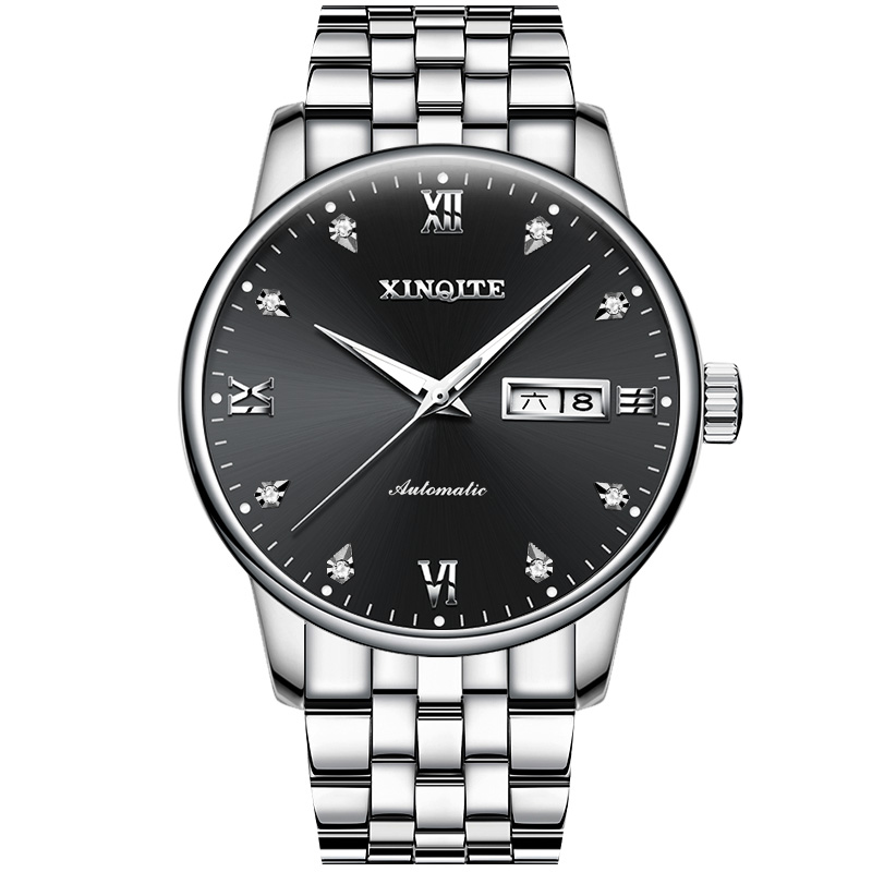 正品新奇特手表男士学生薄自动机械表防水夜光时尚商务新款男表 X-27 白钢黑面