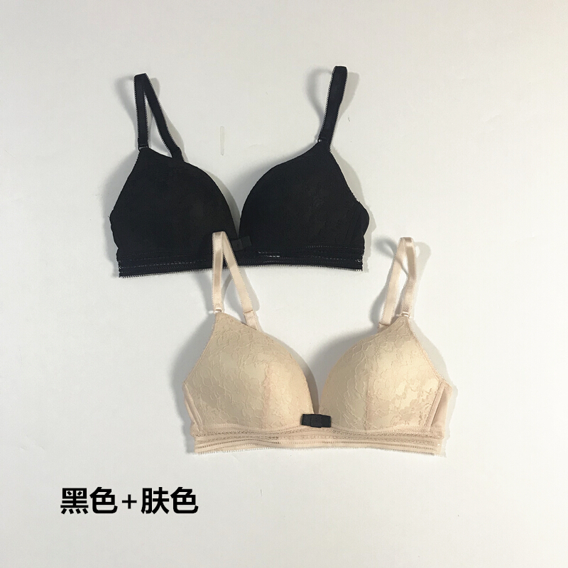 蕾丝内衣少背文胸拢薄款无钢圈胸罩上托舒适黑+黑两件