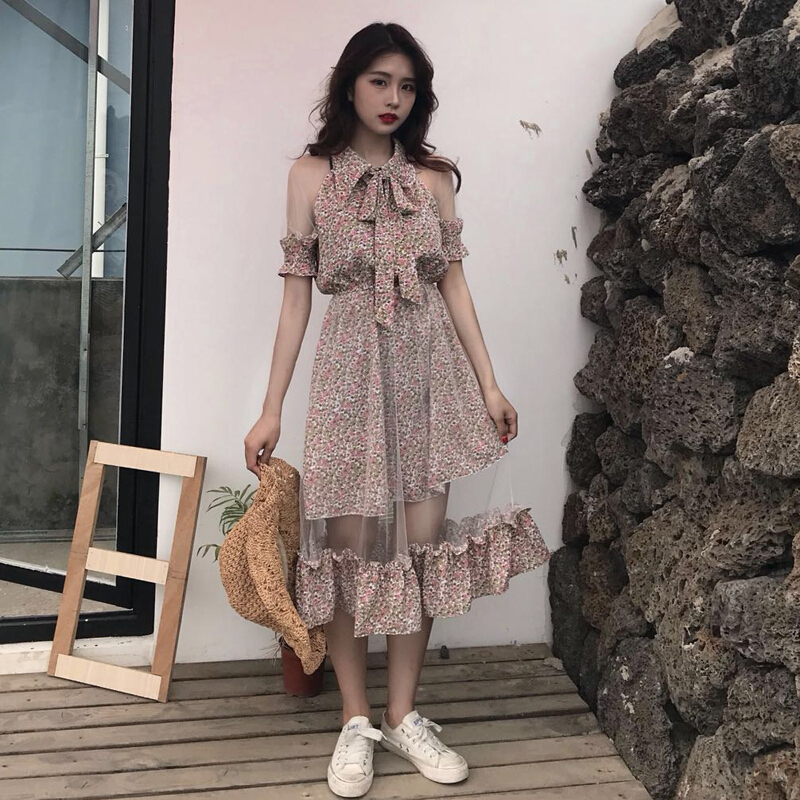 夏装女装韩版气质碎花中长款网纱拼接露肩雪纺连衣裙显瘦短袖长裙兰色均码