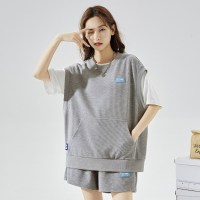 唐狮0夏新款华夫格运动套装女薄款宽松短袖T恤短裤两件套开衫 XL 浅麻灰背心（全码预售4月30日发货）