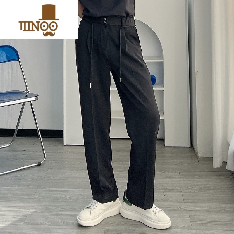 YANXU渣渣鹿冰丝休闲裤薄款垂感小西裤男款夏季宽松直筒系带免烫长裤潮高清大图