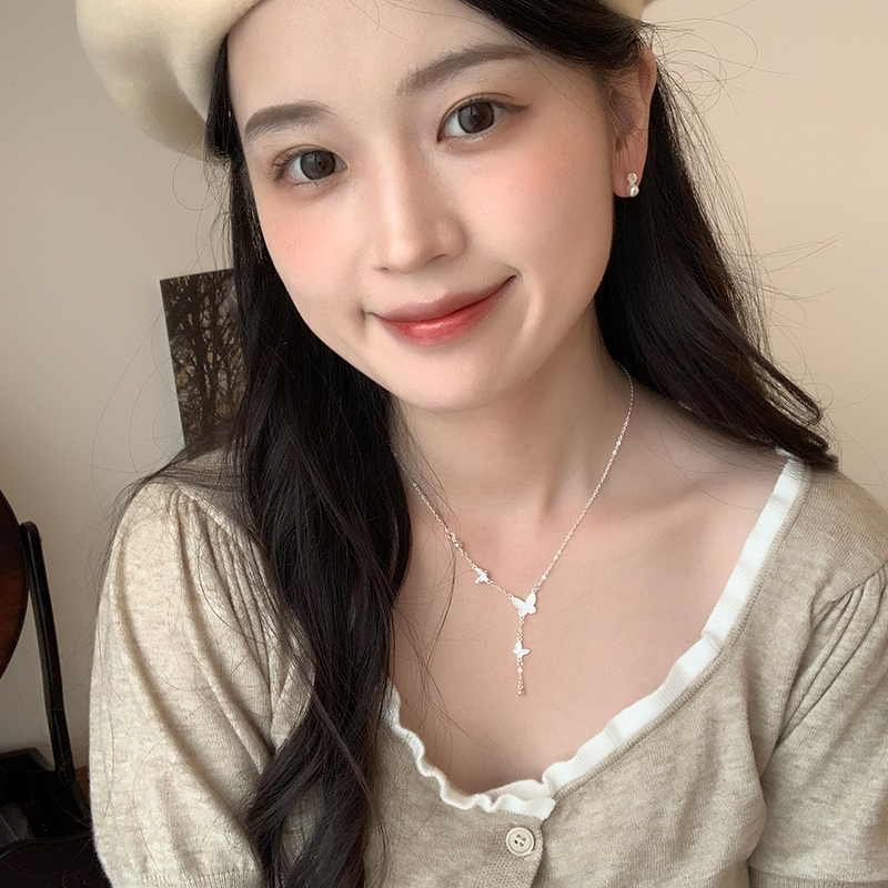 s925纯银拉丝蝴蝶流苏长项链女轻奢高级感高级简约配饰锁骨链送女朋友老婆情人节七夕生日礼物