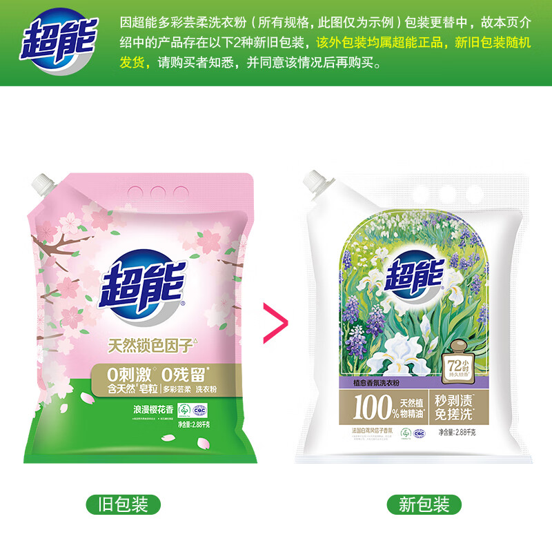 超能 2.88kg植愈香氛洗衣粉(多彩芸柔)(带嘴) 浪漫樱花香 含天然皂粒 低泡*1袋高清大图