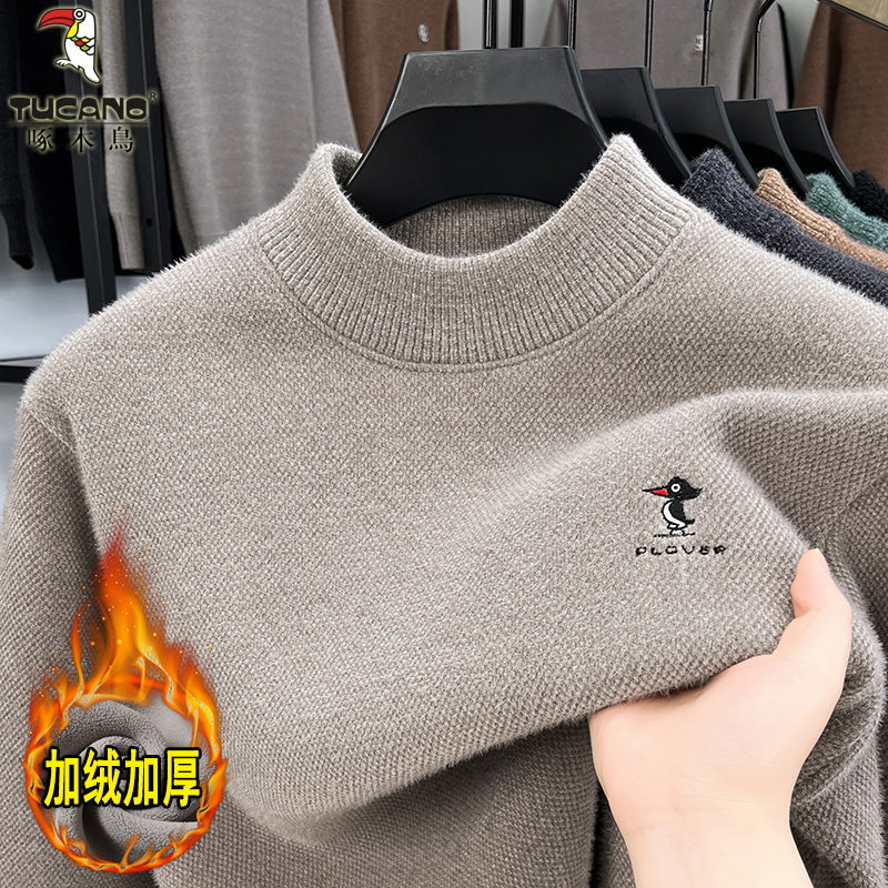 啄木鸟半高领加绒加厚男士毛衣2025冬季一体绒保暖羊毛针织打底体高清大图
