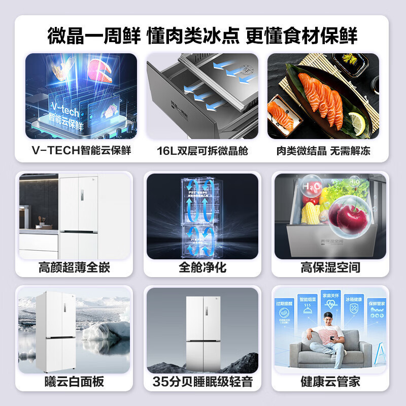 美的(Midea)微晶系列无缝可嵌入式十字双开门四开门家用智能超薄白色高端冷藏冷冻电冰箱一级变频MR-547WUSPZE