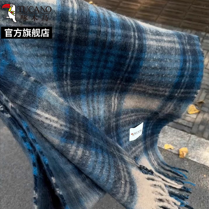 啄木鸟2024冬新款蓝色格子围巾女冬季保暖氛围感情侣百搭围脖学情高清大图