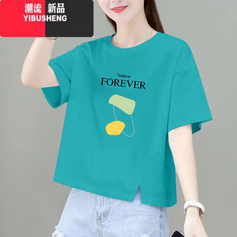 YIBUSHENG短袖t恤女2024新款季韩版宽松百搭短款小个子印花上衣高清大图