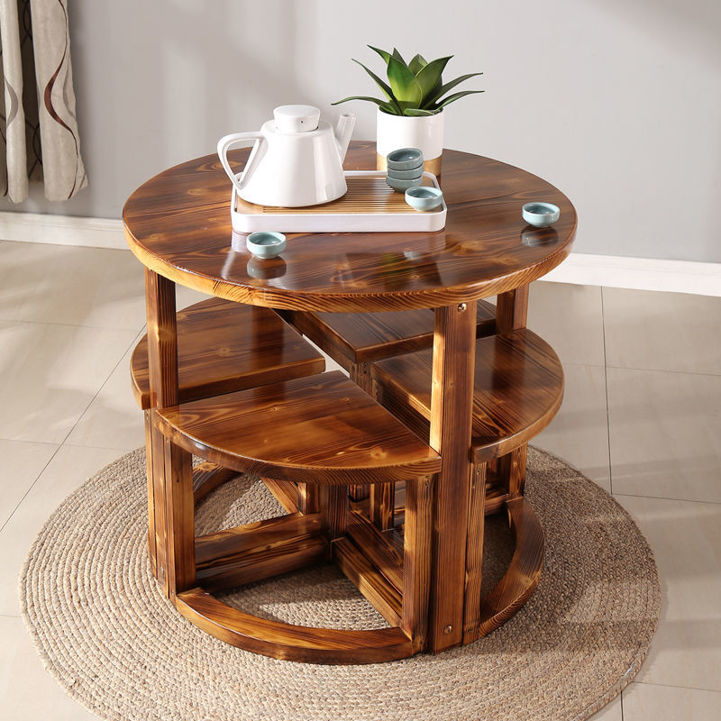 阳台桌椅小户型家用茶几实木喝茶小桌子小圆桌收纳餐桌吃放桌4人