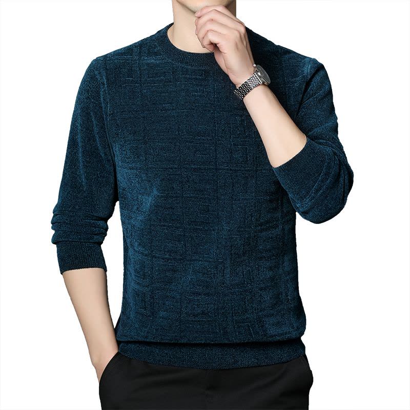 恒源祥雪尼尔男士毛衣加厚加绒秋冬季中老年圆领打底衫保暖爸爸装图片