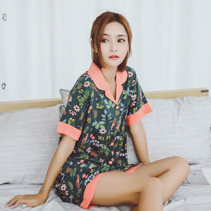 日系睡衣女夏棉质绸短袖韩版清新学生薄款开衫家居服冰丝套装花鸟绿现货即