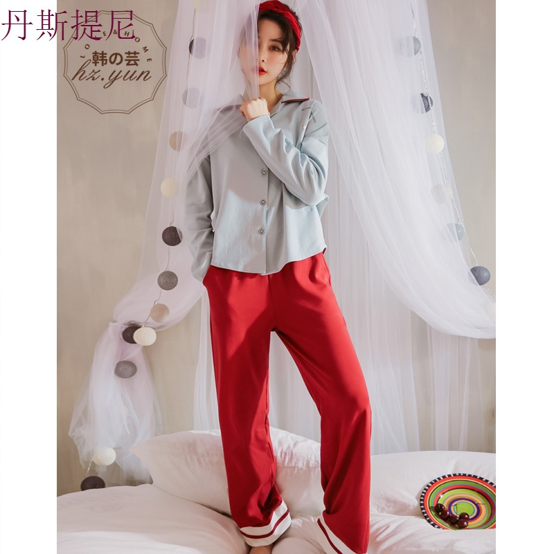 睡衣女春秋韩版长袖宽松大码甜美可爱学生红色纯棉家居服春款套装
