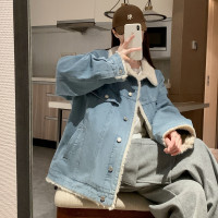 2023秋冬新款女翻领仿羊羔毛牛仔外套百搭温柔高级感气质别致_656 S 中牛仔蓝