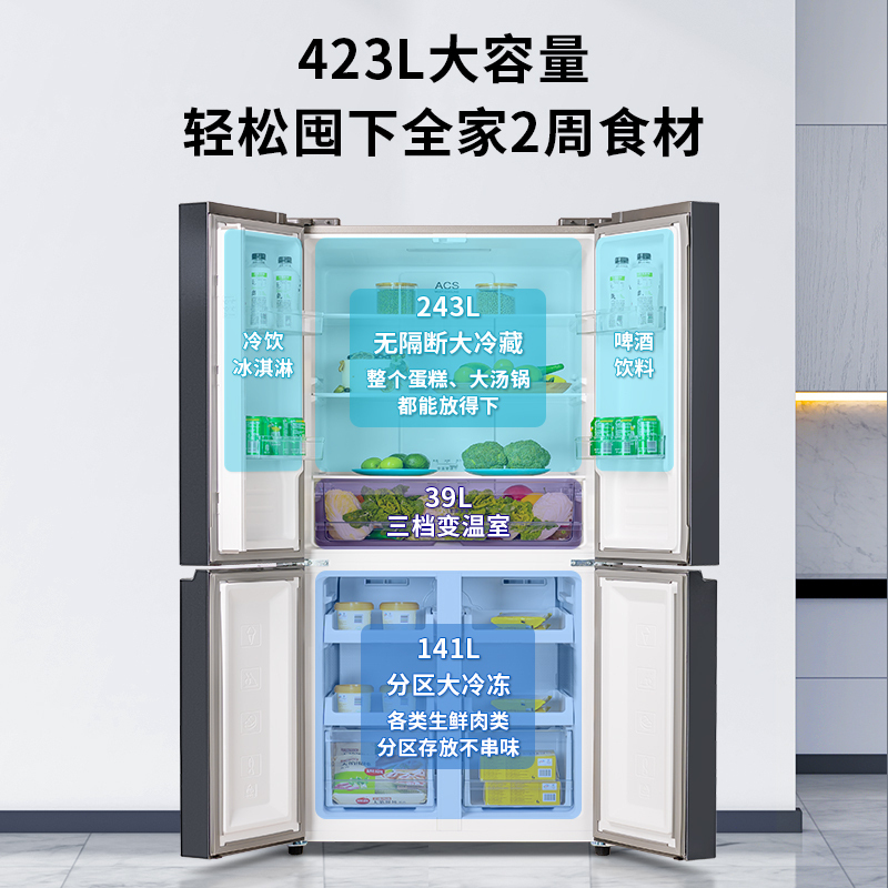创维423升十字对开门冰箱四门 风冷变频一级能效 大容量BCD-423WXPSN