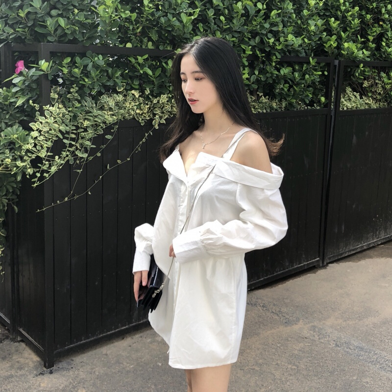 夏季一字领带漏肩长袖衬衫连衣裙女韩版宽松时尚中长款衬衣裙子白色均码