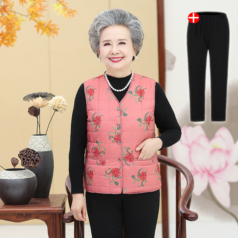 迪鲁奥（DILUAO)中老年女装春秋棉马甲春秋冬装背心女老人坎肩妈妈棉衣马夹奶奶装外套 L建议75-95斤 粉红色（上衣+裤子）