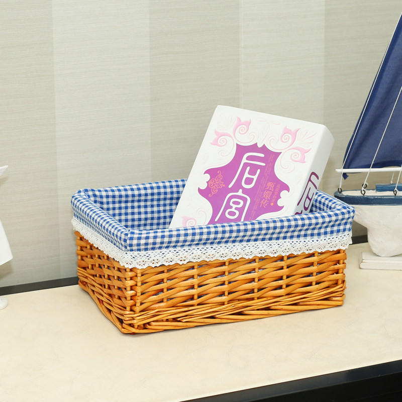家柏饰(CORATED)收纳筐藤编储物盒编织筐桌面杂物篮居收纳盒布艺柳编收纳篮子 米糖色筐蓝格布里中号【30*21*12】