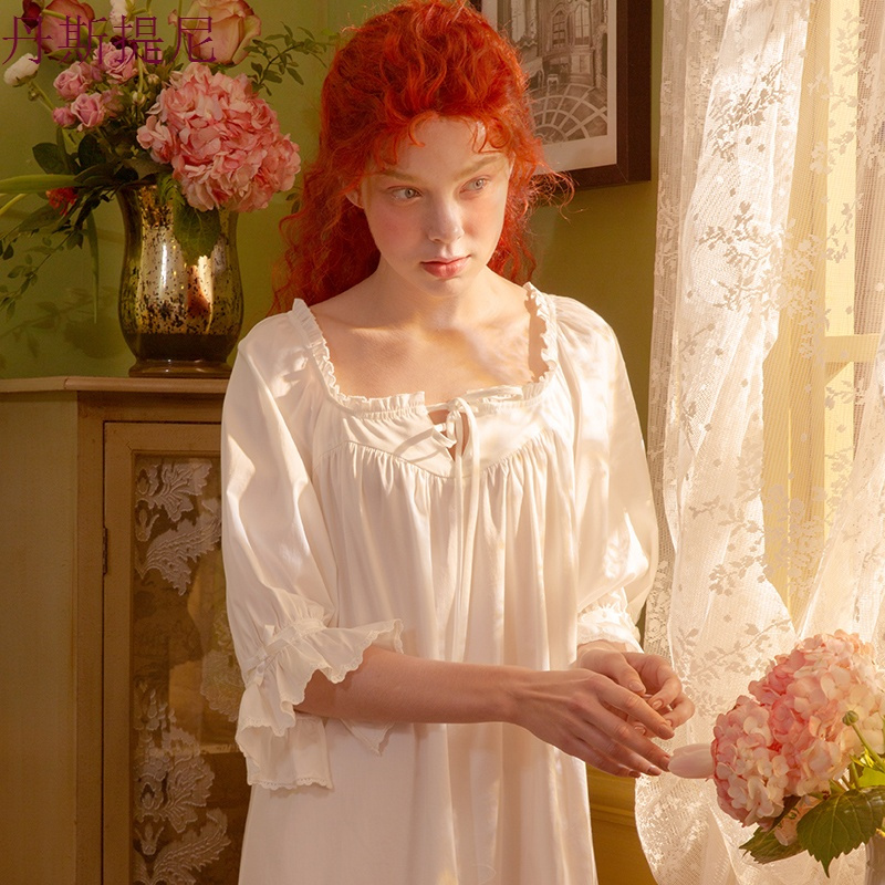 春季复古宫廷白色薄款宽松睡裙纯色梭织棉长袖公主睡衣家居服女秋