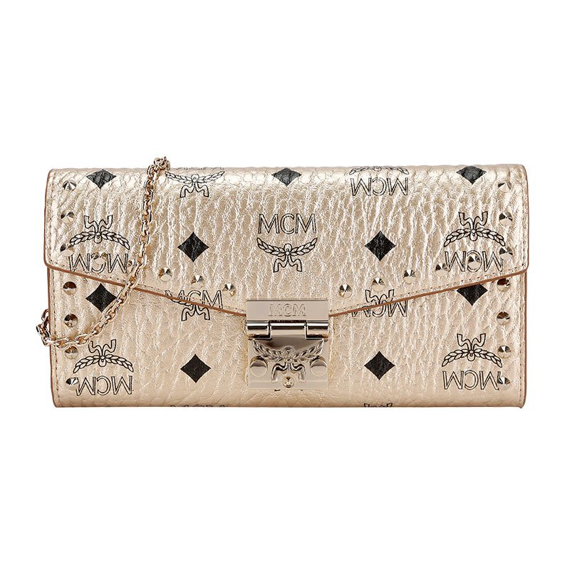 MCM 奢侈品 Patricia 女士香槟金色涂层人造革单肩斜挎链条包钱包小包 MYL8APA30T1001