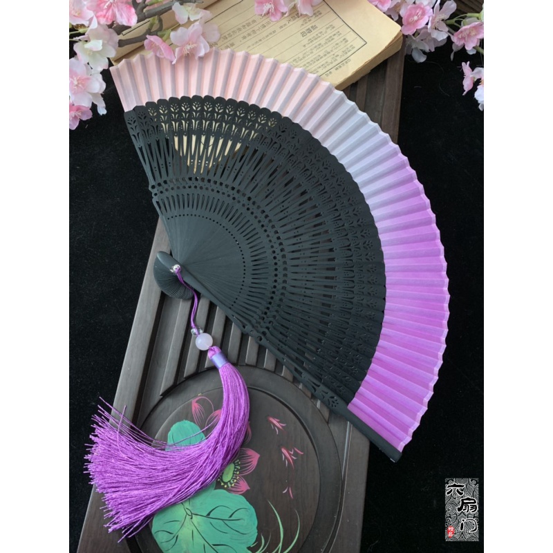 江户日式日本和风折扇子和服扇女扇小花刻渐变空白扇金色绿 三维工匠 粉紫渐变郁金香雕刻+大珠紫高清大图