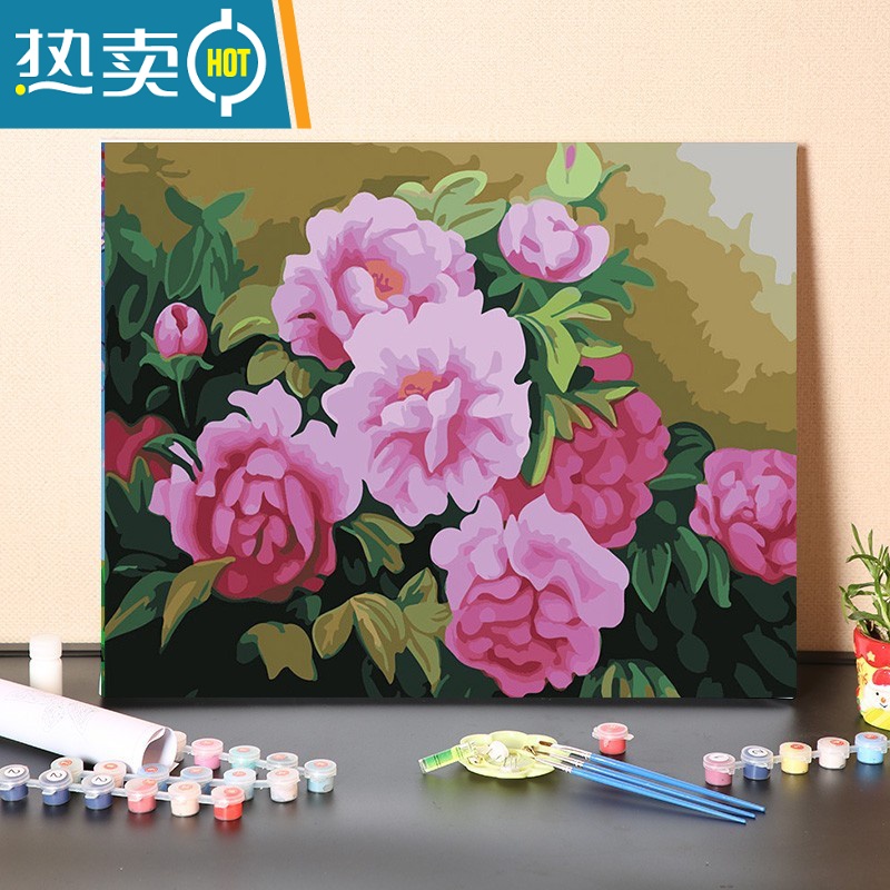 敬平数字油画diy填充手工填色消磨时间花开季节装饰涂色丙烯油彩画画装饰画 1742牡丹花开 60*75绷好内框厚内框彩版画布+颜料+画笔+安装配件