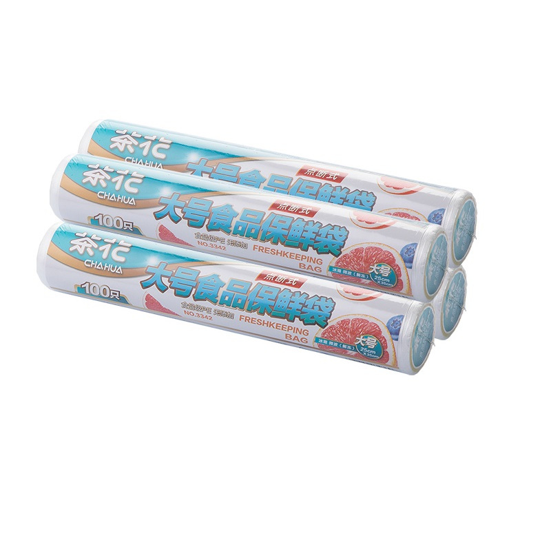 茶花保鲜袋家用经济装大号加厚冰箱水果一次性超市连卷食品袋[大号100只*4卷共400只25*35cm]