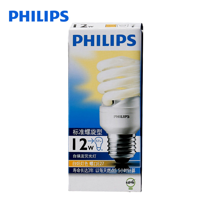 飞利浦(Philips) 12W E27 螺旋节能灯泡 6500K白光 48只 (单位:件)