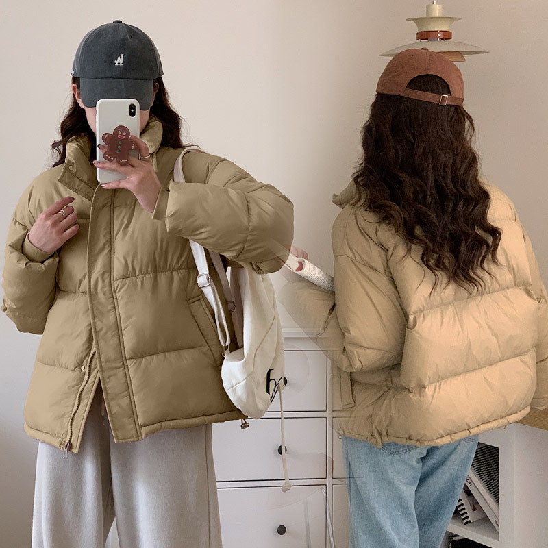 羽绒棉衣棉服女新款冬季韩版黑色小个子加绒短款立领面包服外套女 卡其色 M