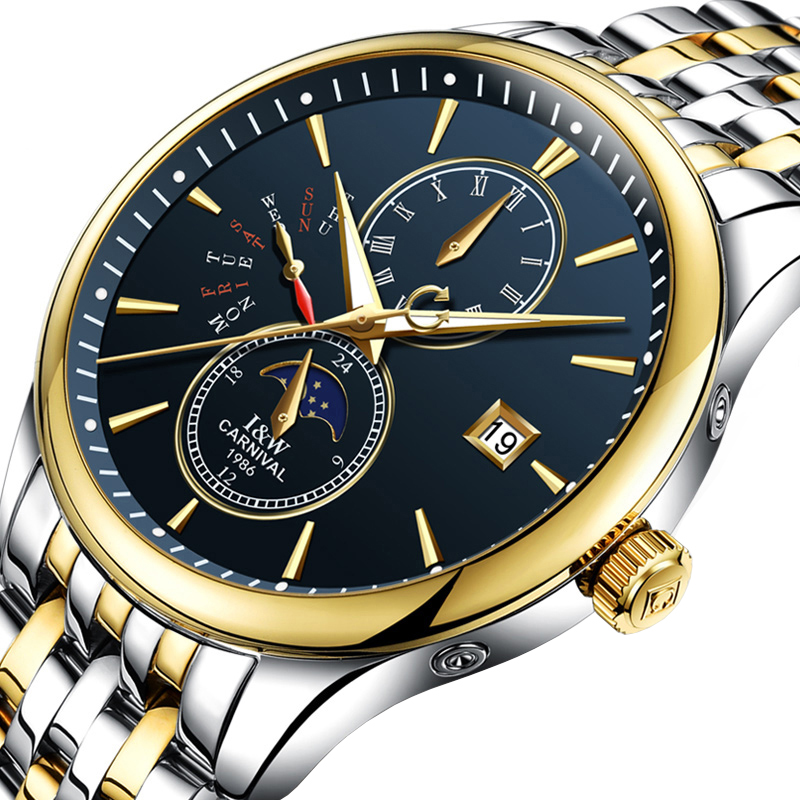 瑞士嘉年华CARNIVAL手表全自动机械表 男新款商务防水手表男士夜光男表星辰日历金色男表时尚休闲金属精钢腕表8732高清大图