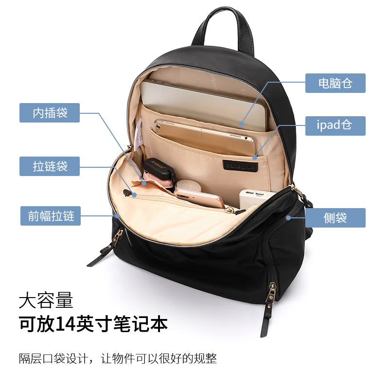 新秀丽双肩包电脑包14寸背包苹果华为联想笔记本女商务包黑色 BY9*09001