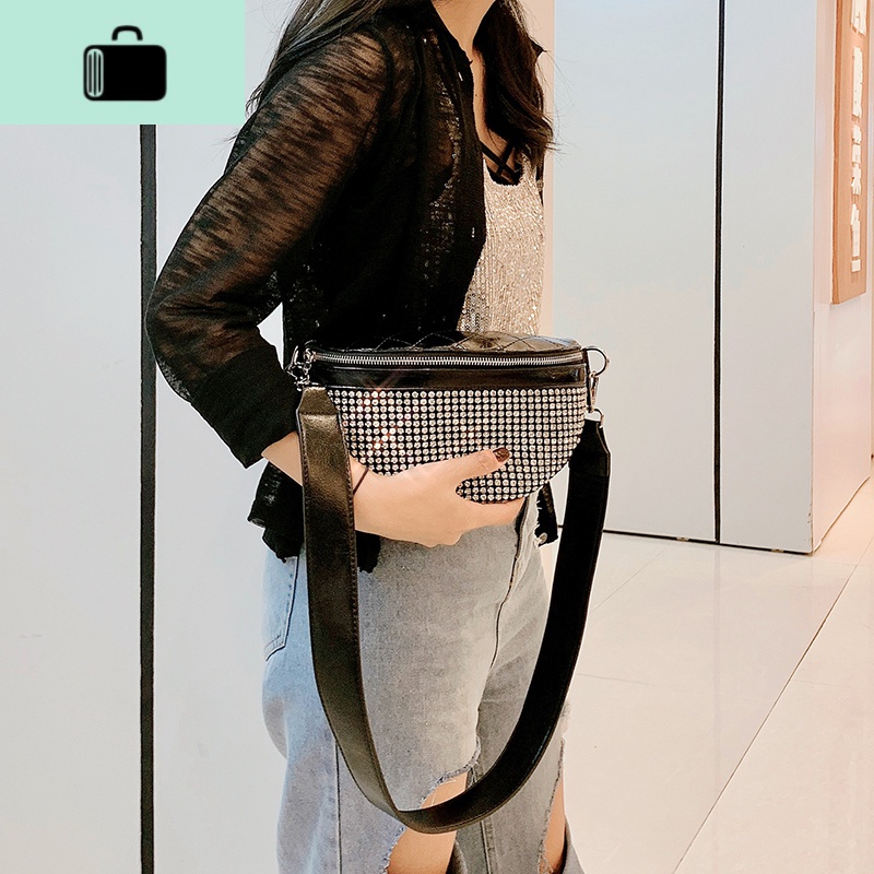 斜挎胸包女潮ins个性街头质感包包洋气镶钻石时尚女包NEW LAKE 黑色钻石高清大图