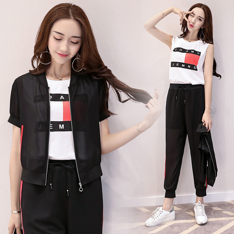 2018夏季新款休闲套装女外套 t恤 九分裤三件套