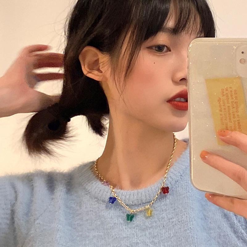 春日彩色蝴蝶项链女轻奢小众设计感2021年新款锁骨链简约百搭颈链 五彩蝴蝶项链