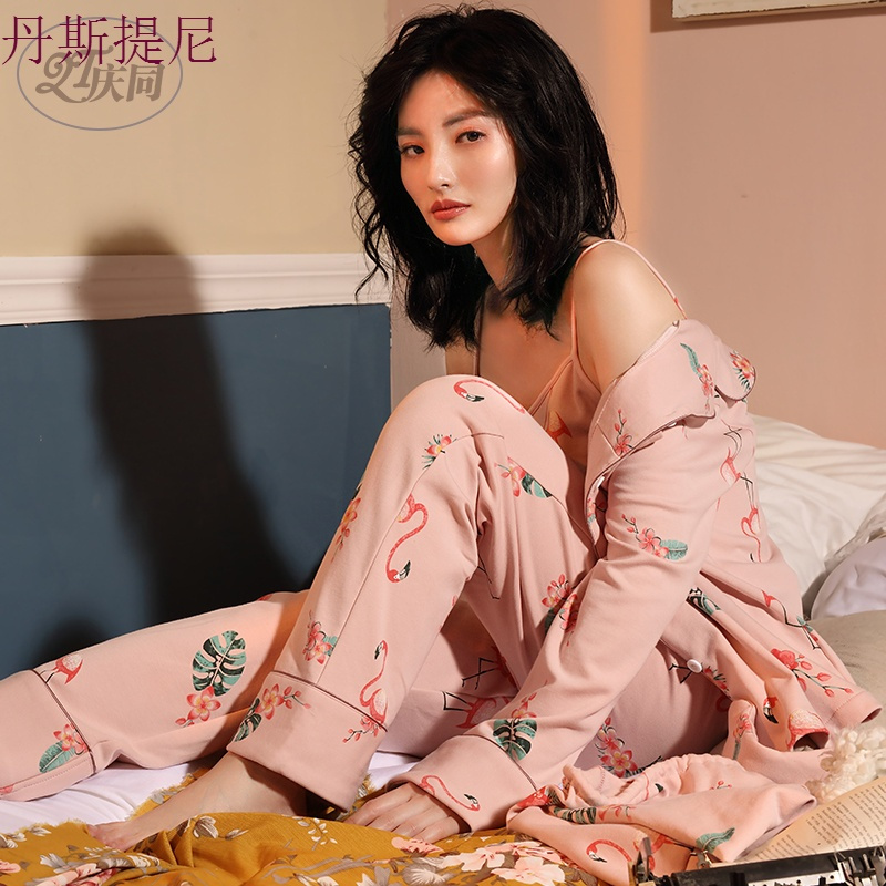纯棉睡衣女夏春秋长袖火烈鸟七件套装甜美可爱大码家居服全棉