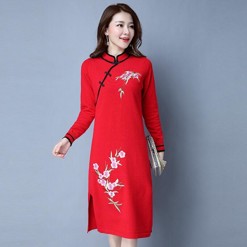 冬季旗袍裙新款修身盘扣旗袍式连衣裙冬款旗袍女长袖加厚
