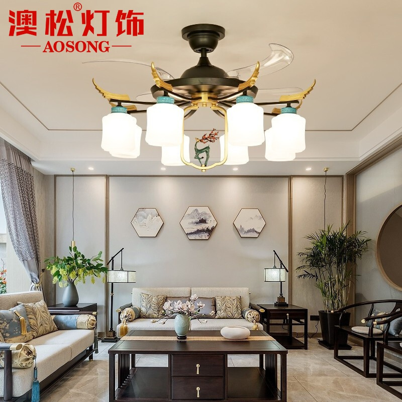 澳松 新中式风扇灯大气客厅隐形吊扇灯中国风禅意卧室餐厅电风扇家用灯具
