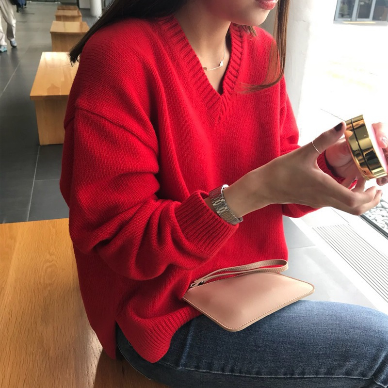 毛衣女秋套头韩版短款学生显瘦百搭V领长袖宽松c加厚衫女针织打底