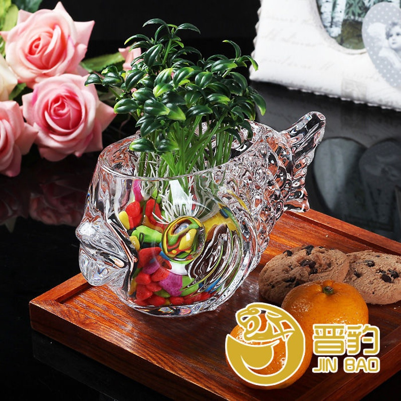 小号水晶鱼 创意水晶玻璃花瓶简约水培植物绿萝小鱼透明摆件办公室桌面装饰