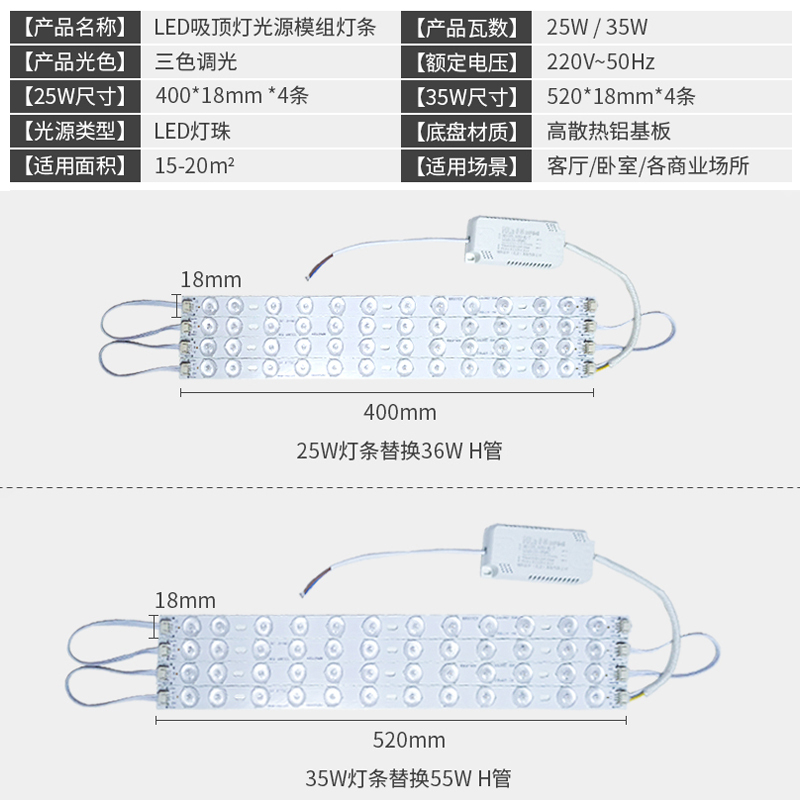 洛林(ROLin)led灯条改造灯板吸顶灯灯芯 可替代H灯管长条光源模组40cm 25W三色调光