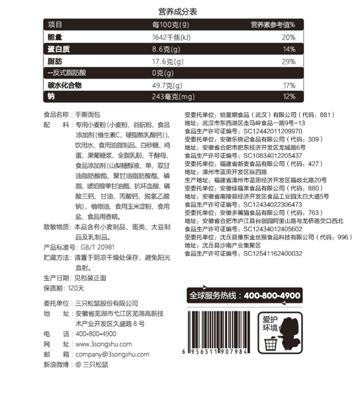 推荐_[三只松鼠_手撕面包1000g*2箱]早餐食品散装全麦手撕小面包高清大图