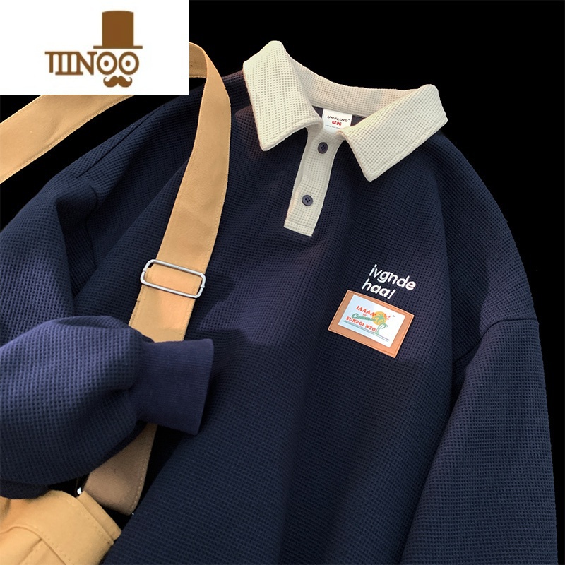 YANXU美式复古vintag卫衣男宽松polo衫情侣装华夫格翻领格il男高清大图