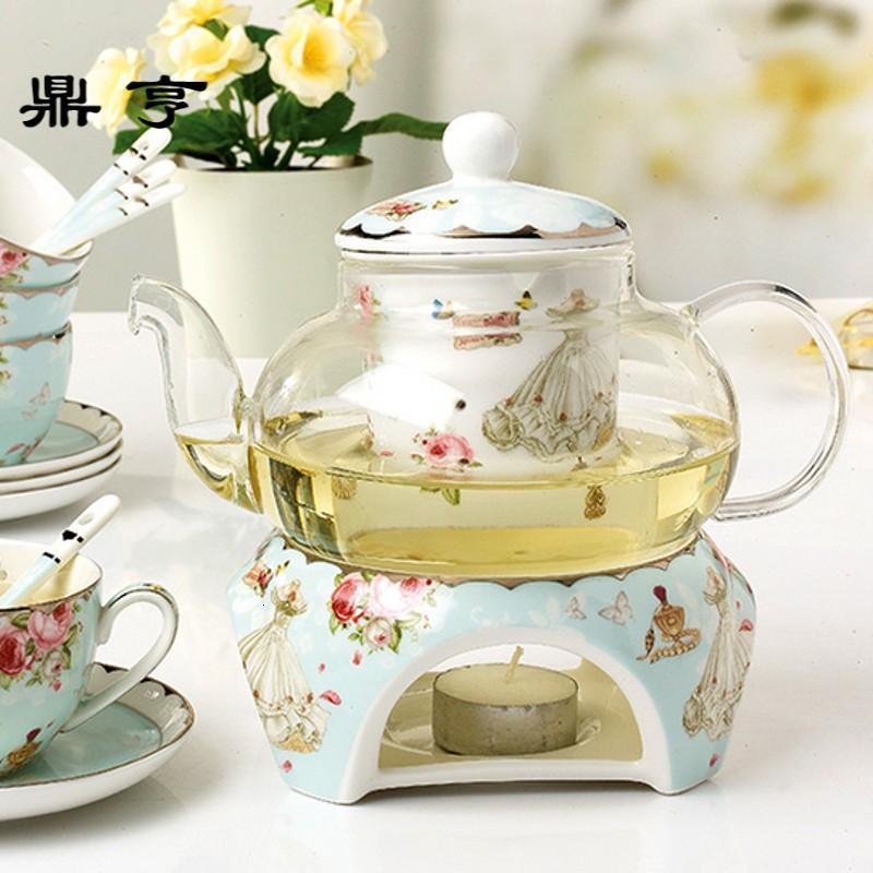 鼎亨简约花茶茶具花茶壶玻璃套装加热底座水果茶壶家用英式茶具欧