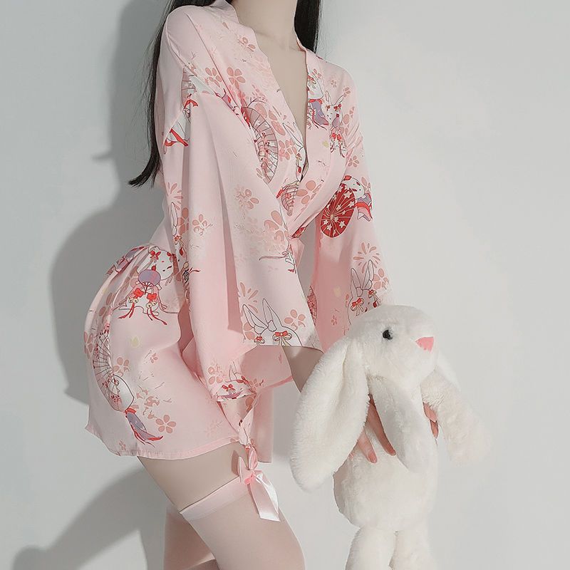 日系印花和服睡袍女樱花兔性感开襟深v加宽蝴蝶腰封束腰角色扮演红色